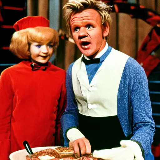 Image similar to Gordon Ramsay in Willy Wonka and the Chocolate Factory (1971)