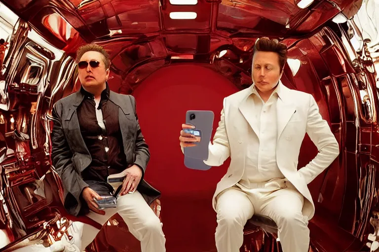 Image similar to hyperrealism aesthetic ridley scott and denis villeneuve style fashion photography of a detailed hyperrealism elon musk, siting on a detailed hyperrealism toilet and scrolling his detailed smartphone in hyperrealism scene from detailed art house movie in style of alejandro jodorowsky and wes anderson