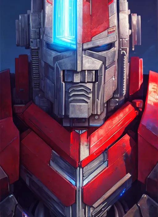 Image similar to Highly detailed full-body portrait of Optimus Prime, Stephen Bliss, unreal engine, fantasy art by Greg Rutkowski, Loish, Rhads, Makoto Shinkai and Lois van baarle, ilya kuvshinov, rossdraws, Tom Bagshaw, global illumination, radiant light, detailed and intricate environment