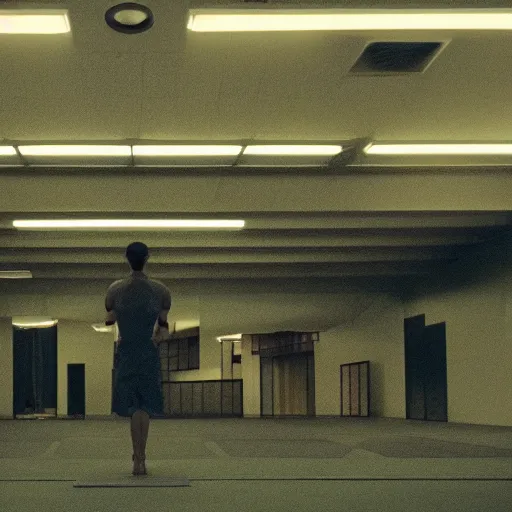 Image similar to a large futuristic dojo, shot by roger deakins, night time, dim cinematic lighting, low ceiling, david fincher movie