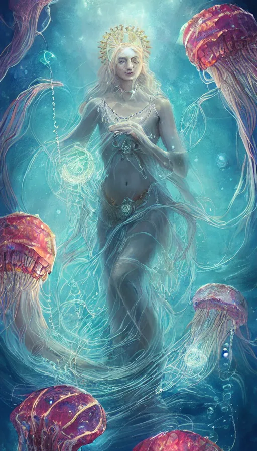 Prompt: tarot card, intricate ocean godness by ross tran, corals, pearls, jellyfish, vivid colors, by Lady Frieda Harris trending on ArtStation, cgsociety