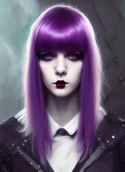 Image similar to portrait of white teenage girl, normal face, white bangs, mall goth, cyberlox, black and white hair, bangs, fluffy bangs, red contact lenses, purple lipstick, intricate, elegant, highly detailed, digital painting, artstation, concept art, sharp focus, smooth, illustration, art by wlop, mars ravelo and greg rutkowski