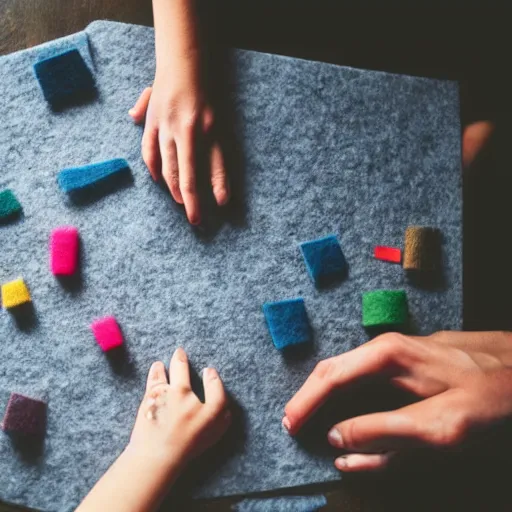 Image similar to a person crafting a school out of felt, photography, table, pov,