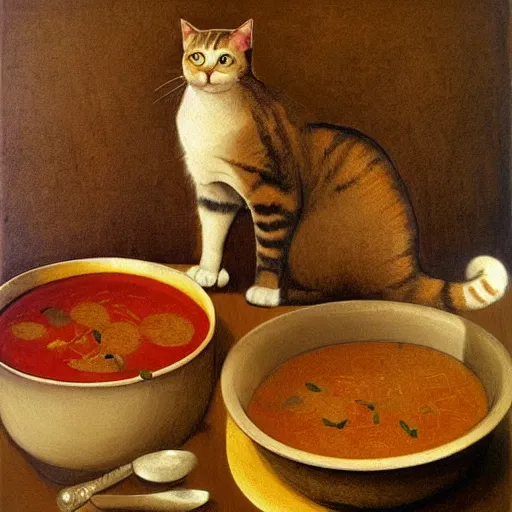 Image similar to the cat cooks soup, drawn by Leonardo Da Vinci, oil painting, trending in Artstation, artstationHD, 4k