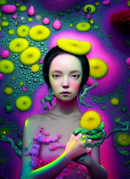 Image similar to hyper detailed 3d render like a Oil painting - kawaii portrait Aurora (black haired Singer) seen Eating of the Strangling network of yellowcake aerochrome and milky Fruit and Her delicate Hands hold of gossamer polyp blossoms bring iridescent fungal flowers whose spores black the foolish stars by Jacek Yerka, Mariusz Lewandowski, Houdini algorithmic generative render, Abstract brush strokes, Masterpiece, Edward Hopper and James Gilleard, Zdzislaw Beksinski, Mark Ryden, Wolfgang Lettl, hints of Yayoi Kasuma, octane render, 8k