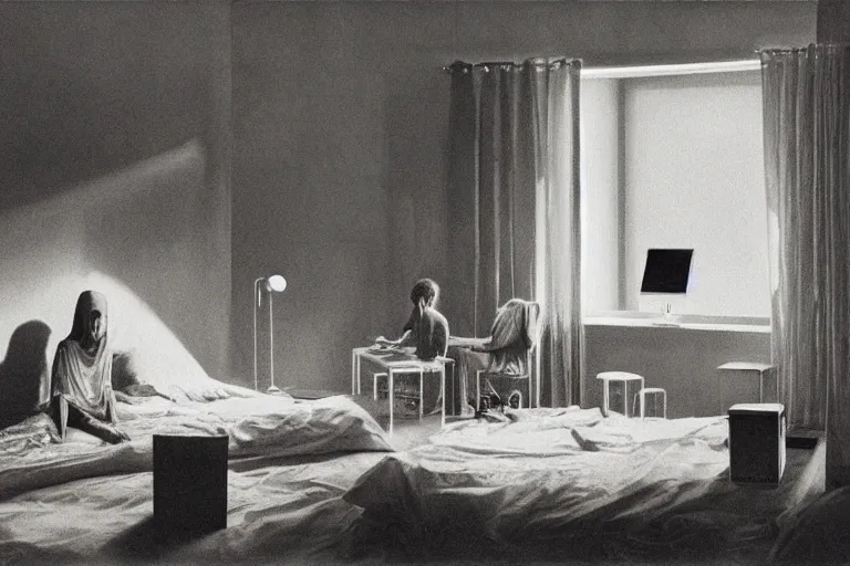 Image similar to IKEA catalogue photo, ghostly teenager bedroom, screens, TVs, monitors, robots, by Beksiński