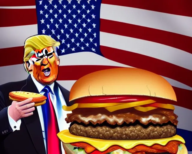 Image similar to !! donald trump!! licking a! cheeseburger! at a rally with american flags, deep focus, fantasy, intricate, highly detailed, digital painting, artstation, concept art, matte, sharp focus, illustration, hearthstone, art by artgerm and greg rutkowski and alphonse mucha,! hamburger!