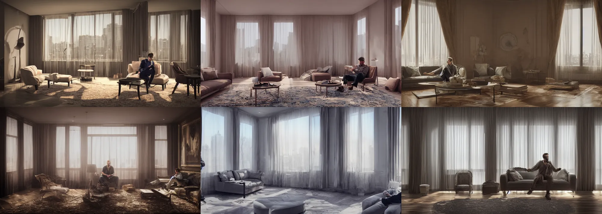 Prompt: highly detailed render of a man sitting in a lavish apartment, evening, vignette, backlight, sunlight, global illumination, ray tracing reflections, cgsociety