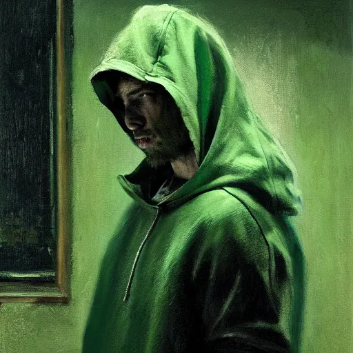 Image similar to portrait of a lost chad programmer with green hood by jeremy mann, dramatic lighting, close up