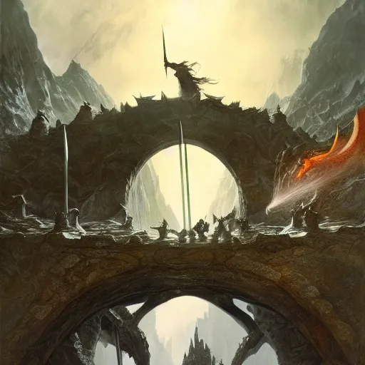 Image similar to beautiful gandalf with a sword in his hand on a bridge fighting an enormous balrog from hell, by alan lee, lord of the rings, smooth, detailed terrain, oil painting, matte painting, concept art, trending on artstation