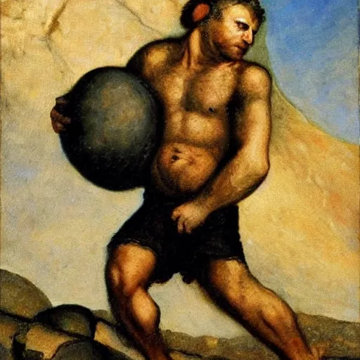 Prompt: a painting of benjamin netanyahu as sisyphus, carrying large boulder on shoulders, mountain background, by franz stuck