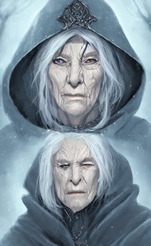 Image similar to an older woman with silver hair and piercing blue eyes. she's wearing a dark, hooded cloak and looks like she knows her way around a sword, dynamic lighting, photorealistic fantasy concept art, trending on art station, stunning visuals, creative, cinematic, ultra detailed