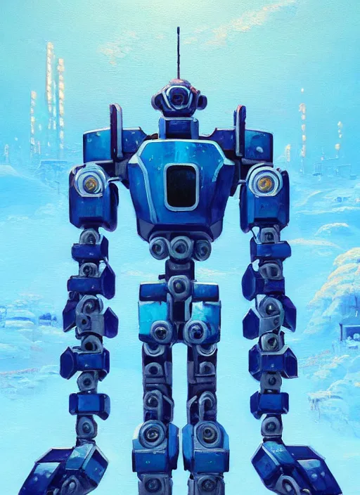 Image similar to an intricate oil painting of a giant pristine icey blue metal anime humanoid mecha with rounded components by simon stalenhag, icey tundra background