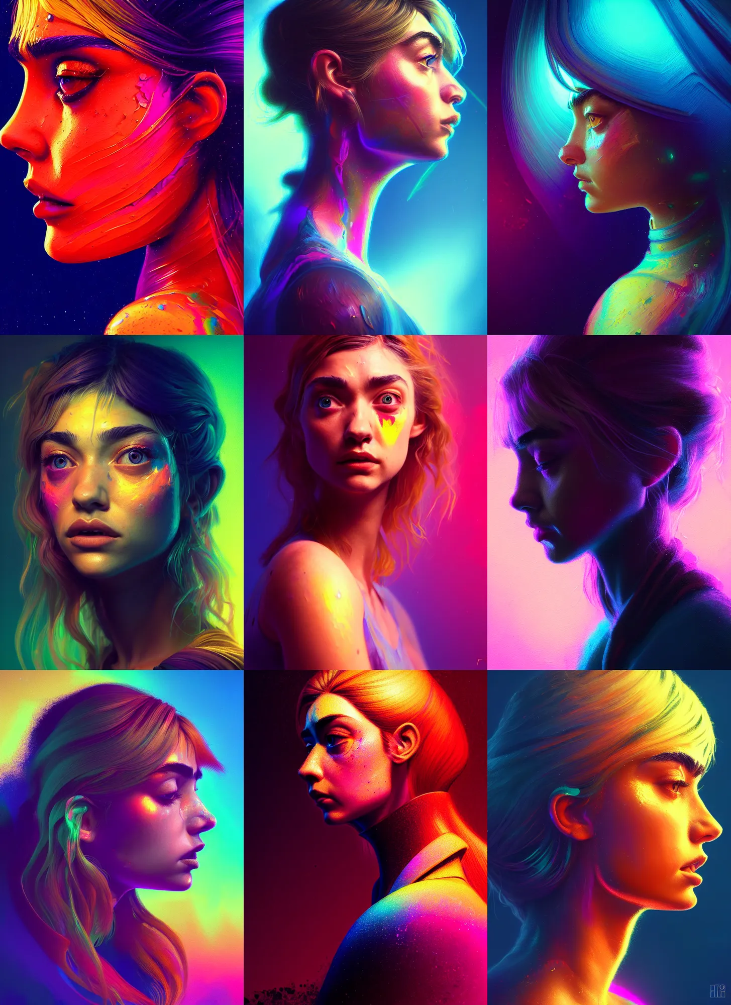 Prompt: side portrait, imogen poots, paladin, gloomhaven, organic painting, hard edges, psychedelic, neon, ripples, octane render, by elegant, highly detailed, luminescent oil painting, artstation, by picasso 8 k