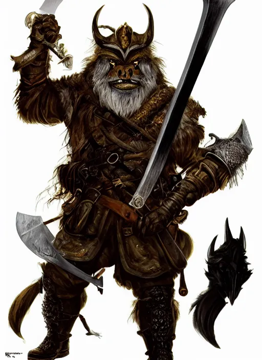 Image similar to photorealistic bugbear ranger holding sword on fire, magic, black beard, dungeons and dragons, pathfinder, roleplaying game art, hunters gear, jeweled ornate leather and steel armour, concept art, character design on white background, by sargent, norman rockwell, makoto shinkai, kim jung giu, artstation trending, poster art, colours red