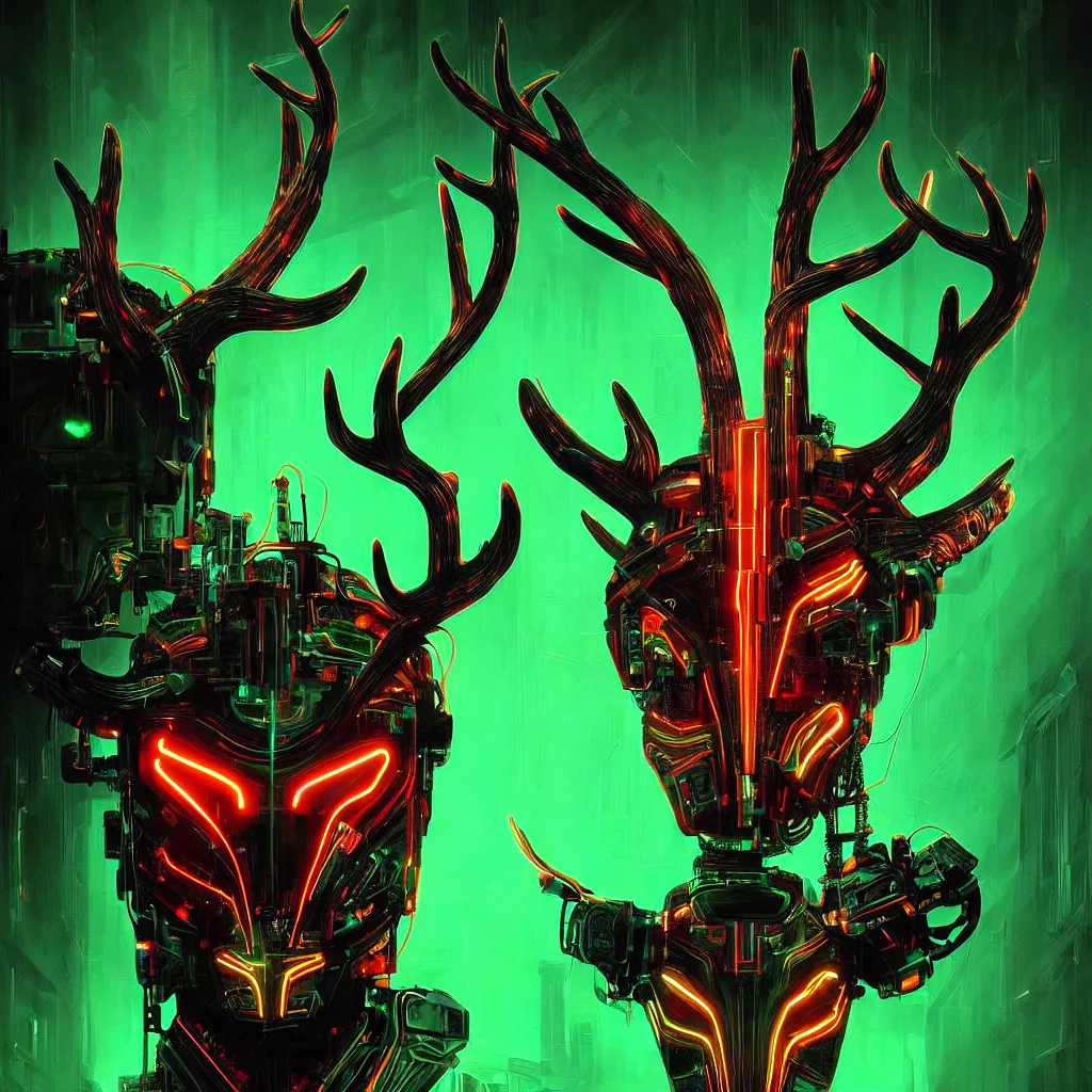 Image similar to poster style, a beautiful and terrifying painting with high details a digital portrait of cyber god of hunting with robotic deer head in style of green neon, cyber noir, movie atmosphere, movie lights, 8 k, light effect, rtx on, trending on artstation, by kilian eng, lee madgwick, bastien lecouffe - deharme