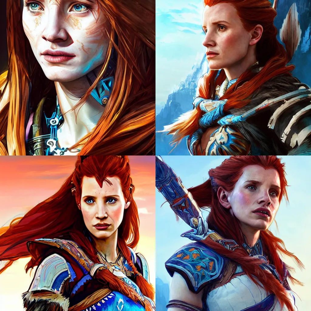 Prompt: Jessica Chastain as Aloy from Horizon: Zero Dawn, confident, epic, cinematic view, highly detailed, centered, digital painting, artstation, concept art, smooth, sharp focus, illustration, art by artgerm and H R Giger and alphonse mucha