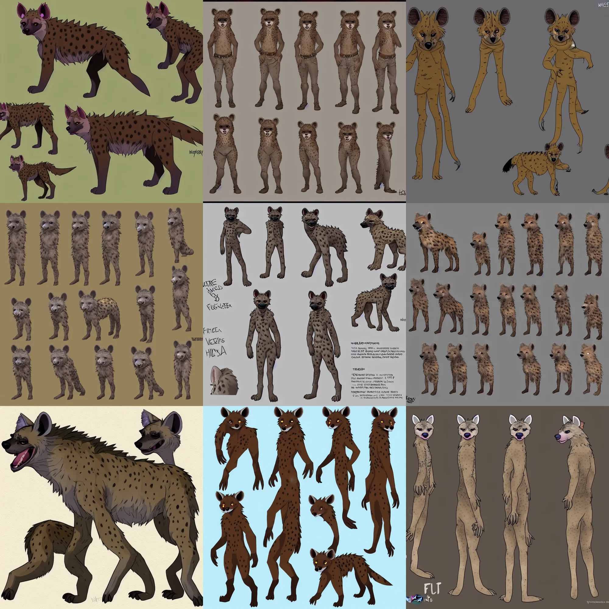 Prompt: a furry hyena fursona reference sheet, high - resolution, trending on weasyl