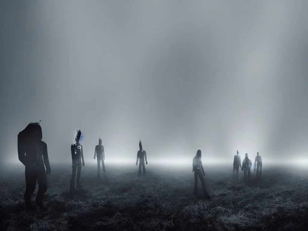 Prompt: daft punk as a norwegian black metal band, atmospheric fog, octane render, cinematic