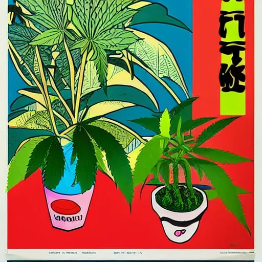 Prompt: taiwanese style cafe australian, decorated with cannabis pot plants 🪴 utopia frontage, pop art poster, beautiful colors pastel palette by will barnet