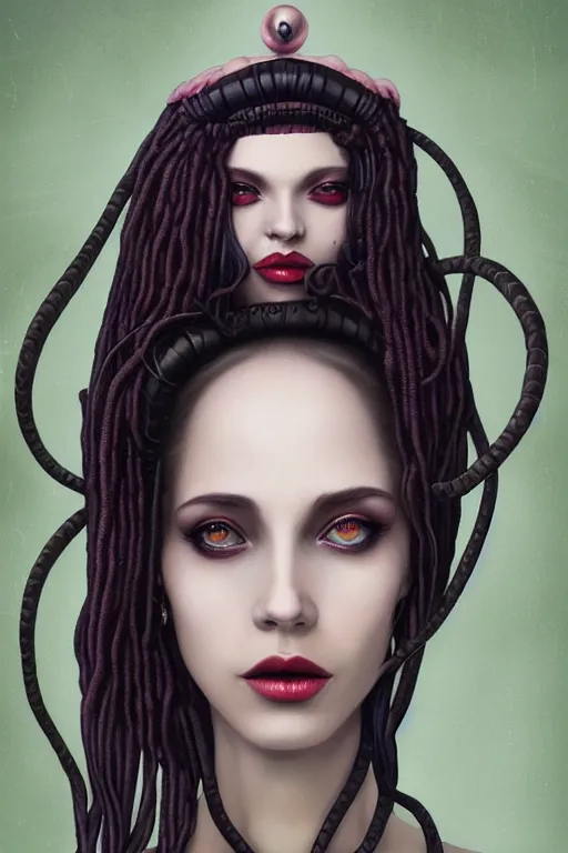 Prompt: portrait of an elegant alien woman queen with long floating snake dreads, straight on portrait, by artgerm, tom bagshaw, gerald brom, vaporwave colors, lo - fi colors, vaporwave, lo - fi, moody vibe, goth vibe, 4 k, hd,