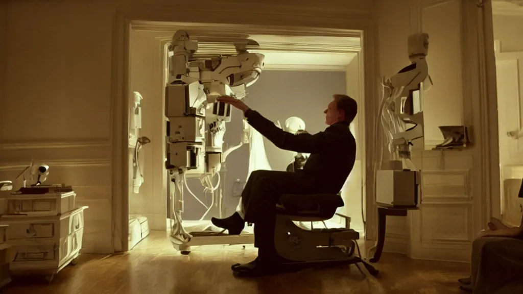 Image similar to an mri image of james cavell in the living room, film still from the movie directed by denis villeneuve with art direction by salvador dali, wide lens