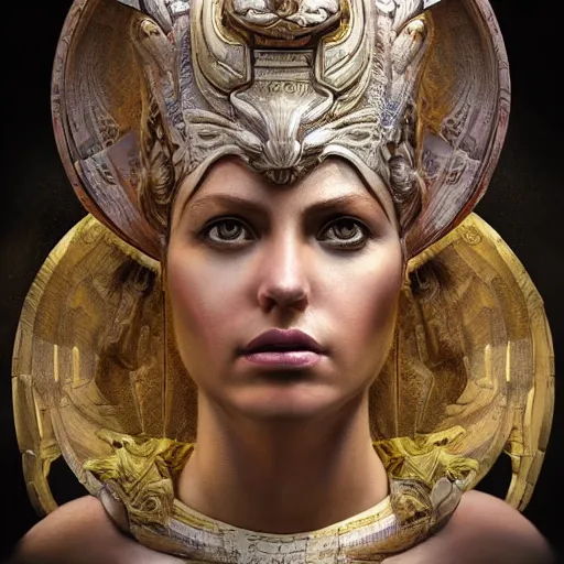 Image similar to hyperrealistic mixed media painting of beautiful goddess Athena, stunning 3d render inspired art by P. Craig Russell and Barry Windsor-Smith, perfect facial symmetry, dim volumetric lighting, 8k octane beautifully detailed render, post-processing, portrait, extremely hyper-detailed, intricate, epic composition, brown eyes, cinematic lighting, masterpiece, trending on artstation, very very detailed, masterpiece, stunning