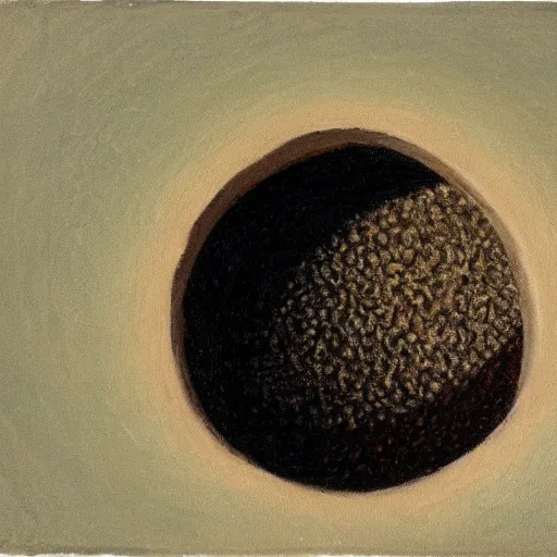 Image similar to painting of a single small seed sitting in a shallow hole in fresh earth. the painting is characterized by its use of light and shadow to create a sense of depth, its muted colors, and its focus on nature.