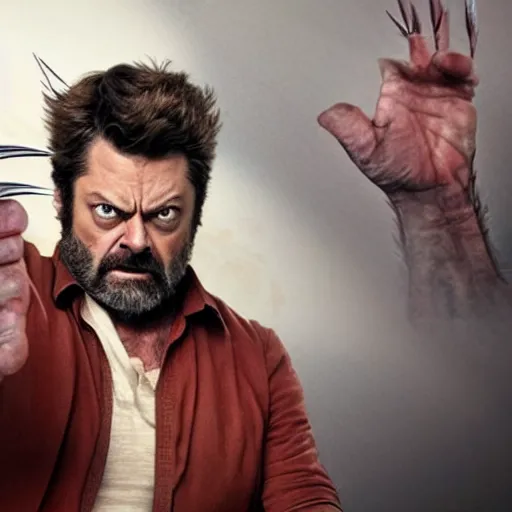 Image similar to logan wolverine pictured as nick offerman with 3 identical claws released off his wrist, photorealistic marvel movie still, imdb, detailed, 8 k, poster photosession style