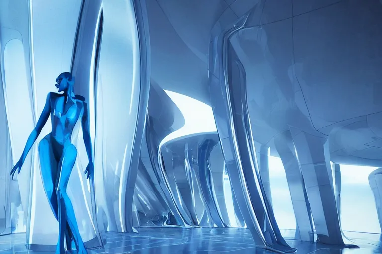 Image similar to vfx movie scene closeup of beautiful blue skin alien woman dancing in sleek futuristic decadent spaceship pillars, futuristic ballroom. giant windows view of earth obit. by emmanuel lubezki