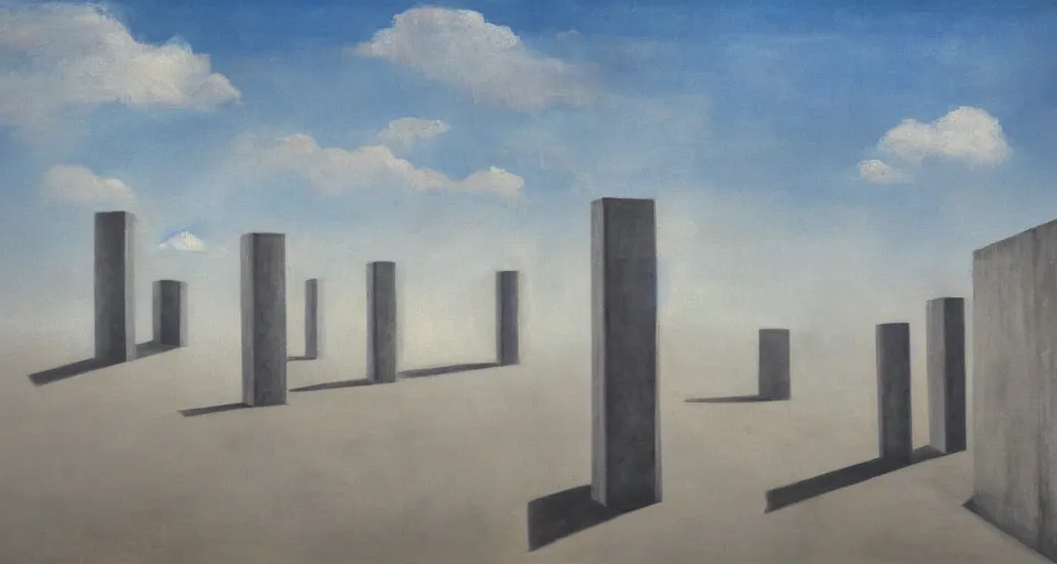 Prompt: world of only concrete, a flat endless plane of concrete covered in thin, very tall concrete pillars that go on to the horizon, open sky, blue sky with clouds, god rays, beautiful painting, oil on canvas, by Ewa Czarniecka, award winning masterpiece,