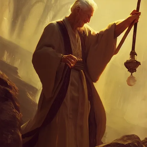 Prompt: Older man in exquisite robes, holding staff embedded with crystals, casting spell, highly detailed, dynamic lighting, 4k,by Greg Rutkowski