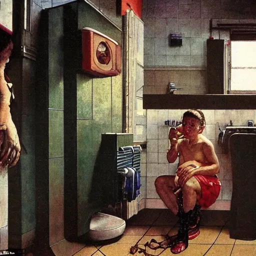 Prompt: A sci-fi woman examines the bathroom of a poor family. A painting by Norman Rockwell.