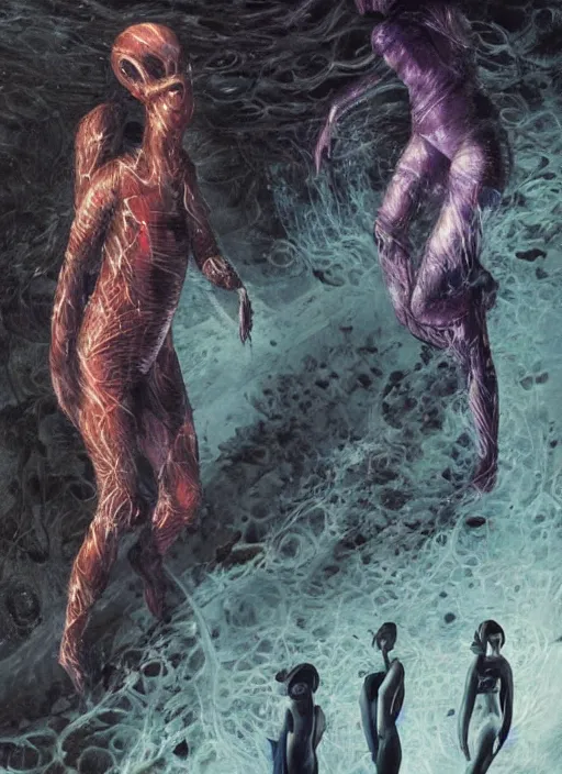 Image similar to astronauts girls in dark void underwater - complex and hyperdetailed technical suit design. reflection and dispersion materials. rays and dispersion of light. volumetric light. f / 3 2. noise film photo. flash photography. ultra realistic, 5 0 mm. poster by wayne barlowe, hajime sorayama aaron horkey, craig mullins