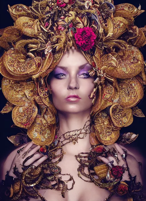 Image similar to expressive full body photo of a female model, ornate headpiece made from flowers, ornaments, glamour shot, by karol bak, by stefan gesell, photorealistic, canon r 3, fashion photography, detailed and intricate, perfect body shape, hyper maximalist, elegant, ornate, luxury, elite, environmental portrait, symmetrical features, octane render, unreal engine