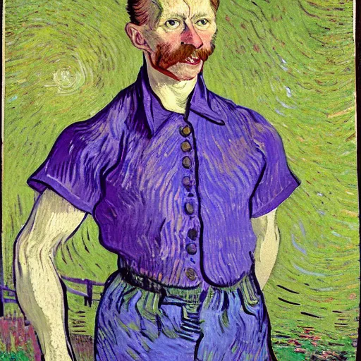 Prompt: wolfgang grimmer smiling broadly, eyes closed and hands in pockets, wearing a pale purple button - down shirt and khaki pants, by van gogh, beautiful lighting