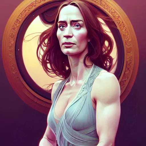 Image similar to character concept portrait of emily blunt, beautiful voluminous muscular tall healthy and virtuous. modestly clothed, intricate, elegant, highly detailed, digital painting, artstation, concept art, symmetry, smooth, sharp focus, illustration, art by mandy jurgens and alphonse mucha and alena aenami