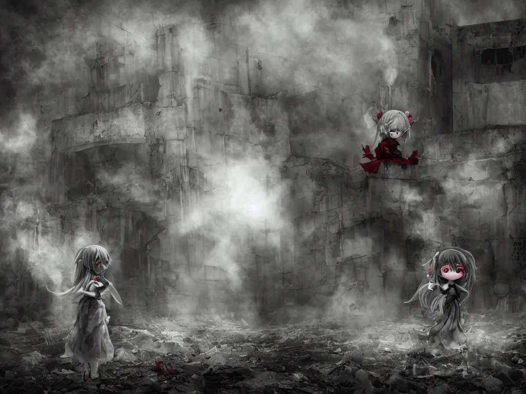 Prompt: cute fumo plush girl ghosts playing in a mysterious concrete wartorn brutalist ruin infected by strands of red parasitic fungus, chibi gothic maiden in tattered rags, dramatic three point lighting, glowing wisps of hazy smoke and volumetric fog swirling about, vray