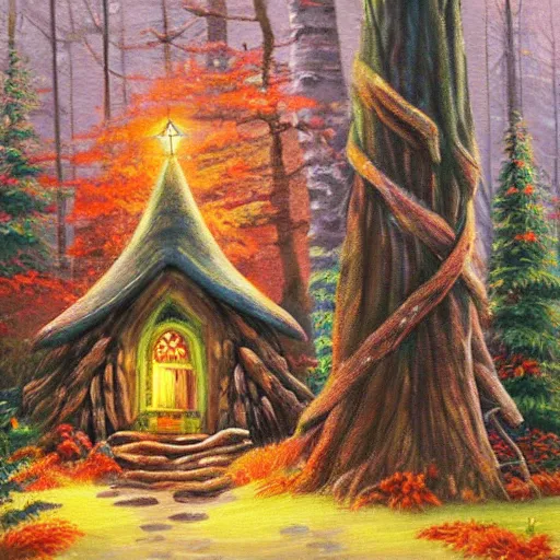 Image similar to elf magical forest wood cabin with a chimney, oil painting