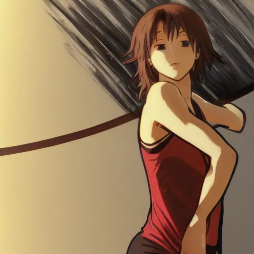 Image similar to anime style, female beach volley player, red sport clothing, on the bach, standing pose, brown short hair, hair down, symmetrical facial features, from arknights, hyper realistic, rule of thirds, extreme detail, 4 k drawing, safebooru, realistic lighting, by alphonse mucha, greg rutkowski, sharp focus, backlit