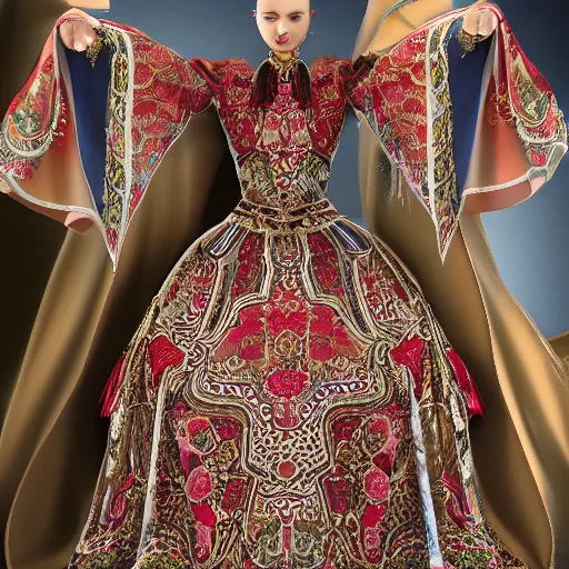 Image similar to ornate serbian traditional dress, fashion design, dress display, hyperrealistic, rendered 4 k, full view
