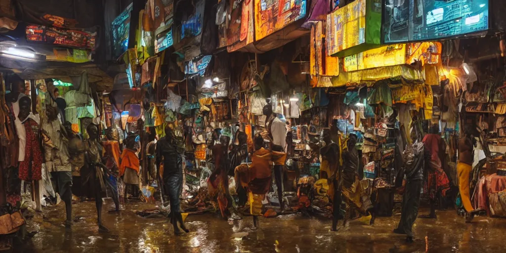 Prompt: a cinematic hyperrealistic African cyberpunk market during a rainy night