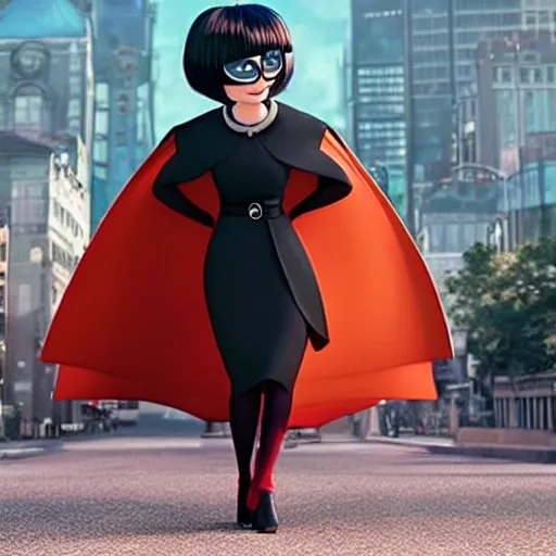 Image similar to an edgy Edna Mode wearing a cape, Pixar (2018)