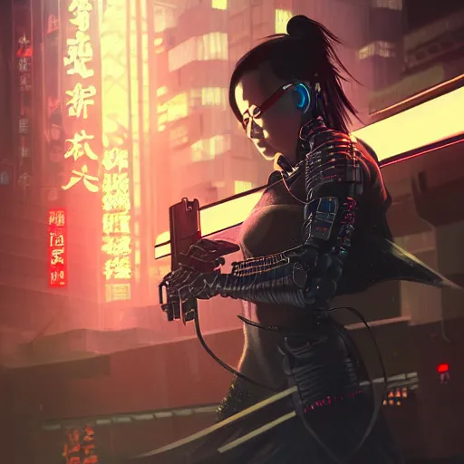 Image similar to candid action image of a fierce dangerous female cyberpunk hacker samurai in neotokyo at night, futuristic cyberpunk tokyo night, sci - fi and fantasy, intricate and very beautiful, highly detailed, digital painting, artstation, concept art, smooth and sharp focus, illustration, art by tian zi and wlop and alphonse mucha