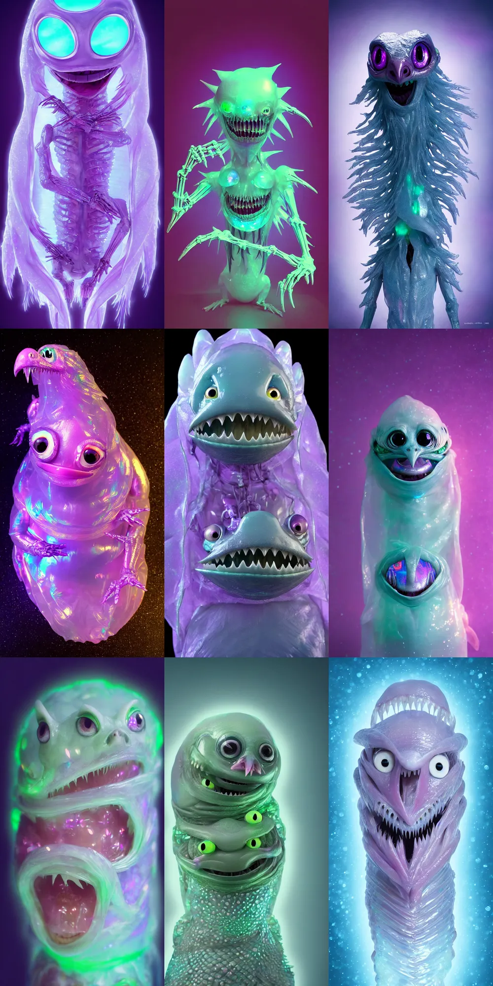 Prompt: kawaii image of a silly scifi saliva skeksis creature, super adorable, soft iridescent membranes, gaping gills and baleen, translucent skin shows cute skeletal details in front of dark pastel bokeh lights, eerie, occult, gelatinous with wittle tiny teeth