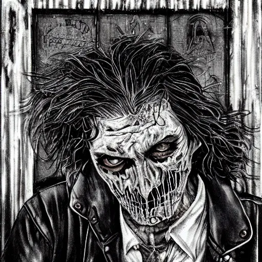 Prompt: portrait painting of an older sneering biker with a scarred face and shaggy hair in a bar, sharp focus, ultra realistic, concept art, intricate details, eerie, highly detailed, photorealistic, dark, black and white, rpg art vampire the masquerade. art by tim bradstreet