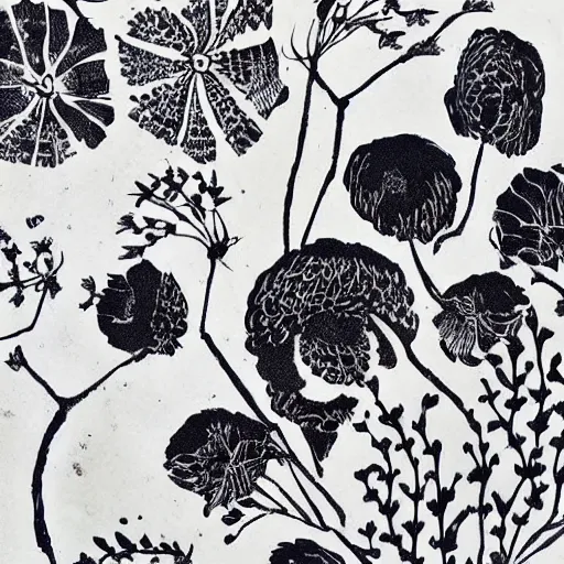 Image similar to block print, aesthetic, botanical art, boho, black ink on white paper