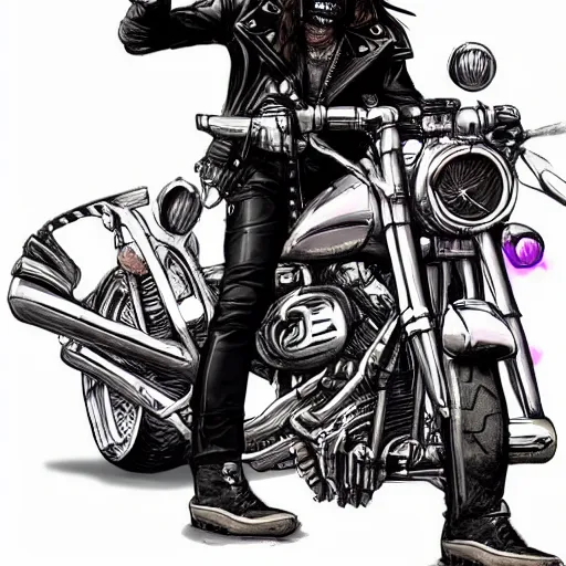 Image similar to a cool skeleton riding a harley davis motorcycle wearing a leather jacket and smoking a cigar, cyberpunk aesthetic, digital art, trending on artstation