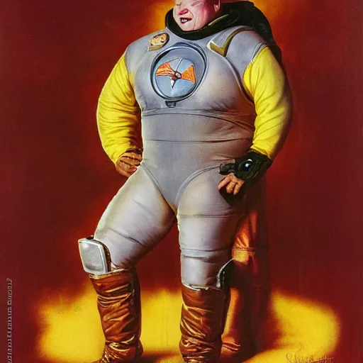 Image similar to upper body portrait of eric scott esch as baron harkonnen from the movie dune wearing a leather spacesuit finding something highly amusing, painted by norman rockwell and tom lovell and frank schoonover