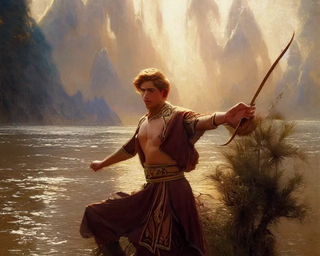 Image similar to attractive male wizard casting powerful tsunami wave spell in a beautiful lake. highly detailed painting by gaston bussiere, craig mullins, j. c. leyendecker 8 k